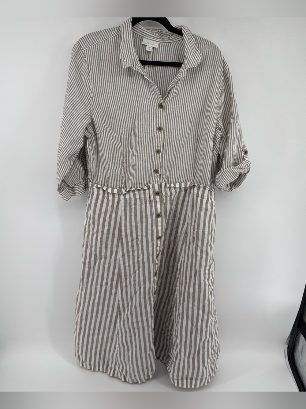 J. Jill Beige and White Striped Button-Front Linen Dress